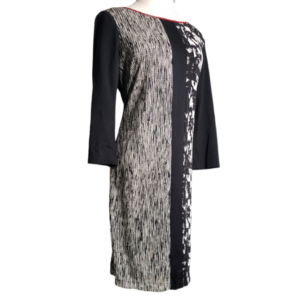Adrianna Papell Mix Media Print Midi Dress 10 Stretch Viscose Jersey 3/4 Sleeves